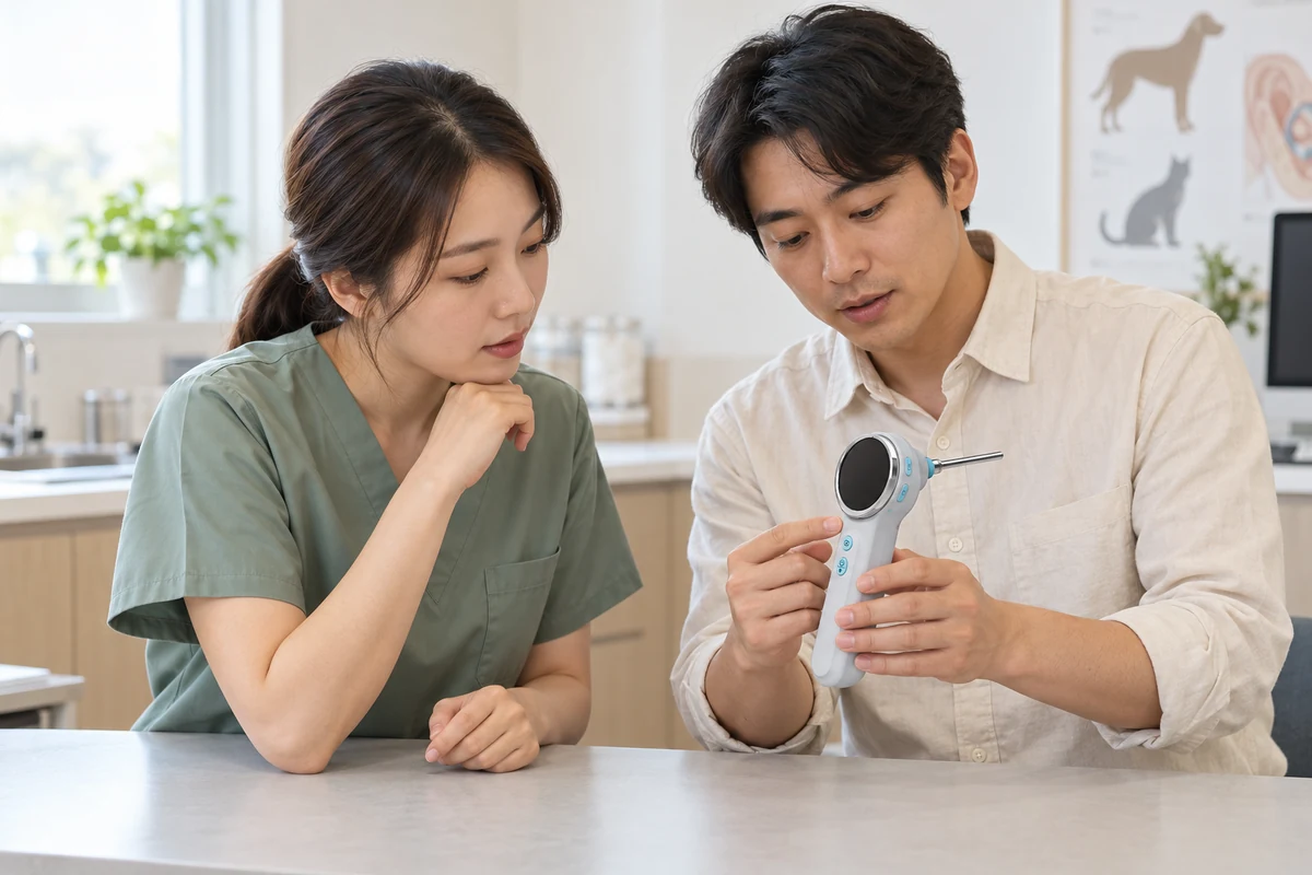 獸醫與設備人員討論 RAE-500 耳鏡的操作方式