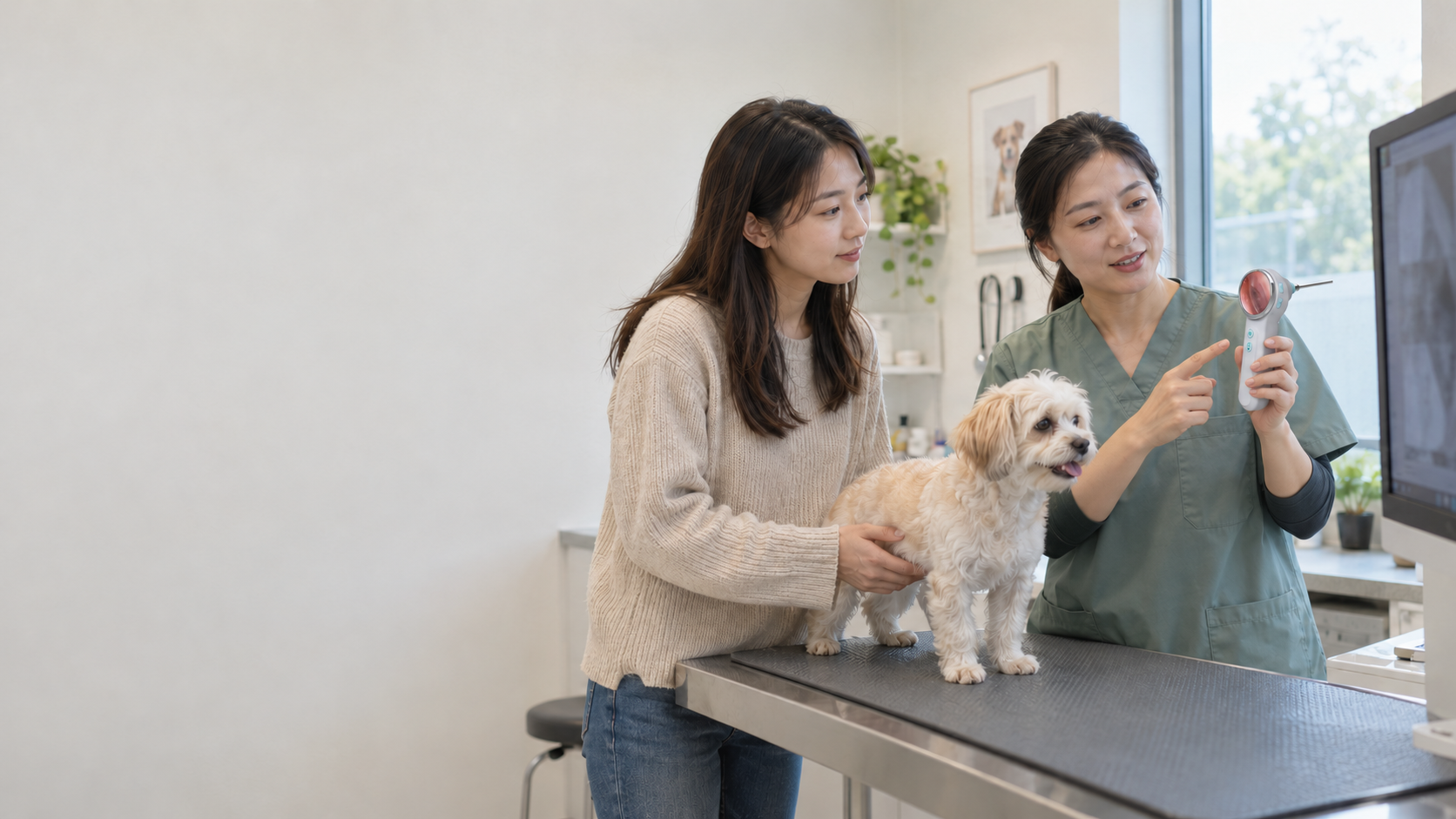 醫師拿著耳鏡,與飼主一起查看毛孩的檢查影像